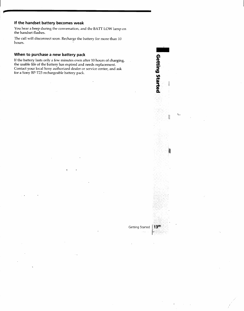 If the handset battery becomes weak, When to purchase a new battery pack | Sony SPP-A940 User Manual | Page 13 / 48