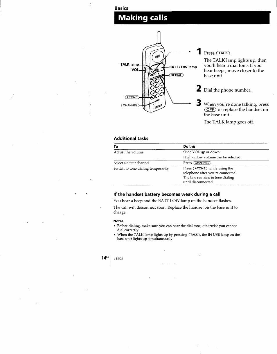 Making calls, If the handset battery becomes weak during a call, Notes | Sony SPP-A940 User Manual | Page 14 / 48