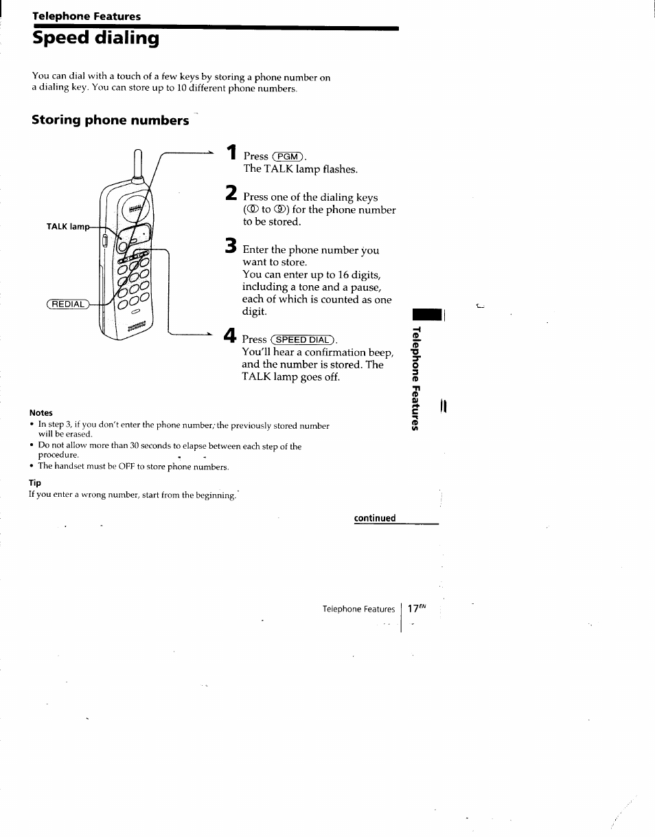 Speed dialing, Storing phone numbers, Notes | Continued | Sony SPP-A940 User Manual | Page 17 / 48