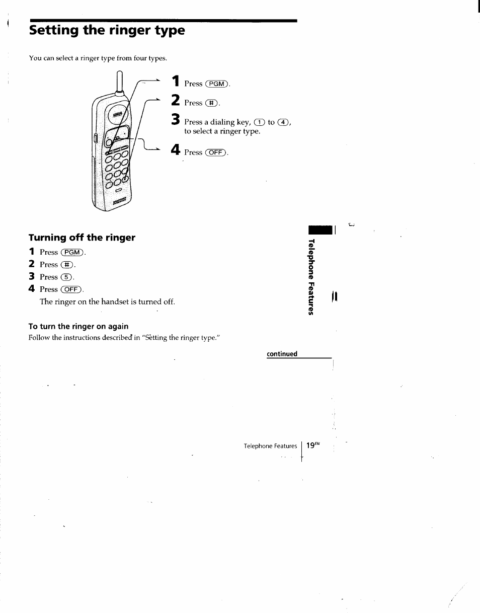 Setting the ringer type, Turning off the ringer, To turn the ringer on again | Continued, Coee), Oee), I ii | Sony SPP-A940 User Manual | Page 19 / 48