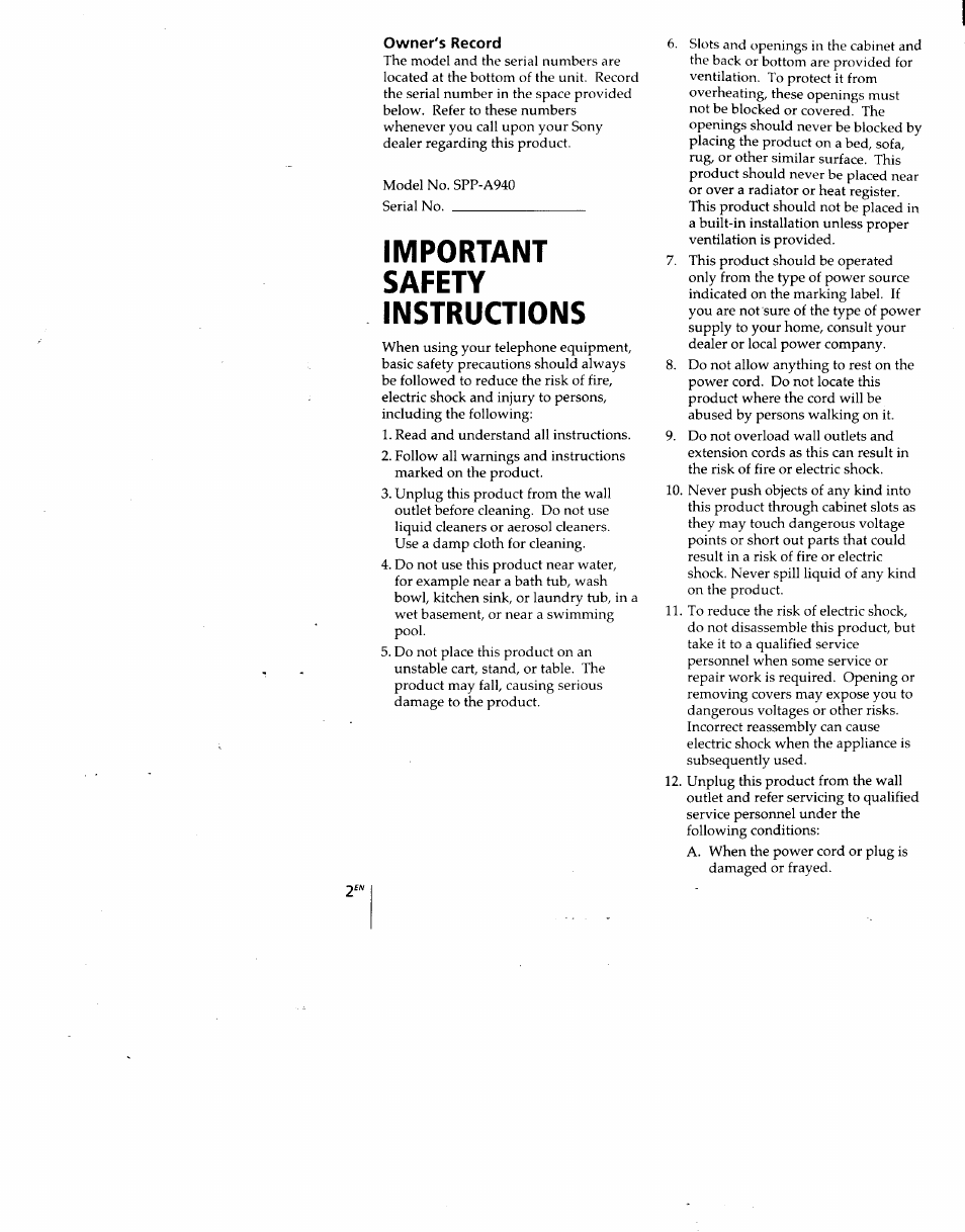 Owner's record, Important, Safety | Instructions, Important safety instructions | Sony SPP-A940 User Manual | Page 2 / 48