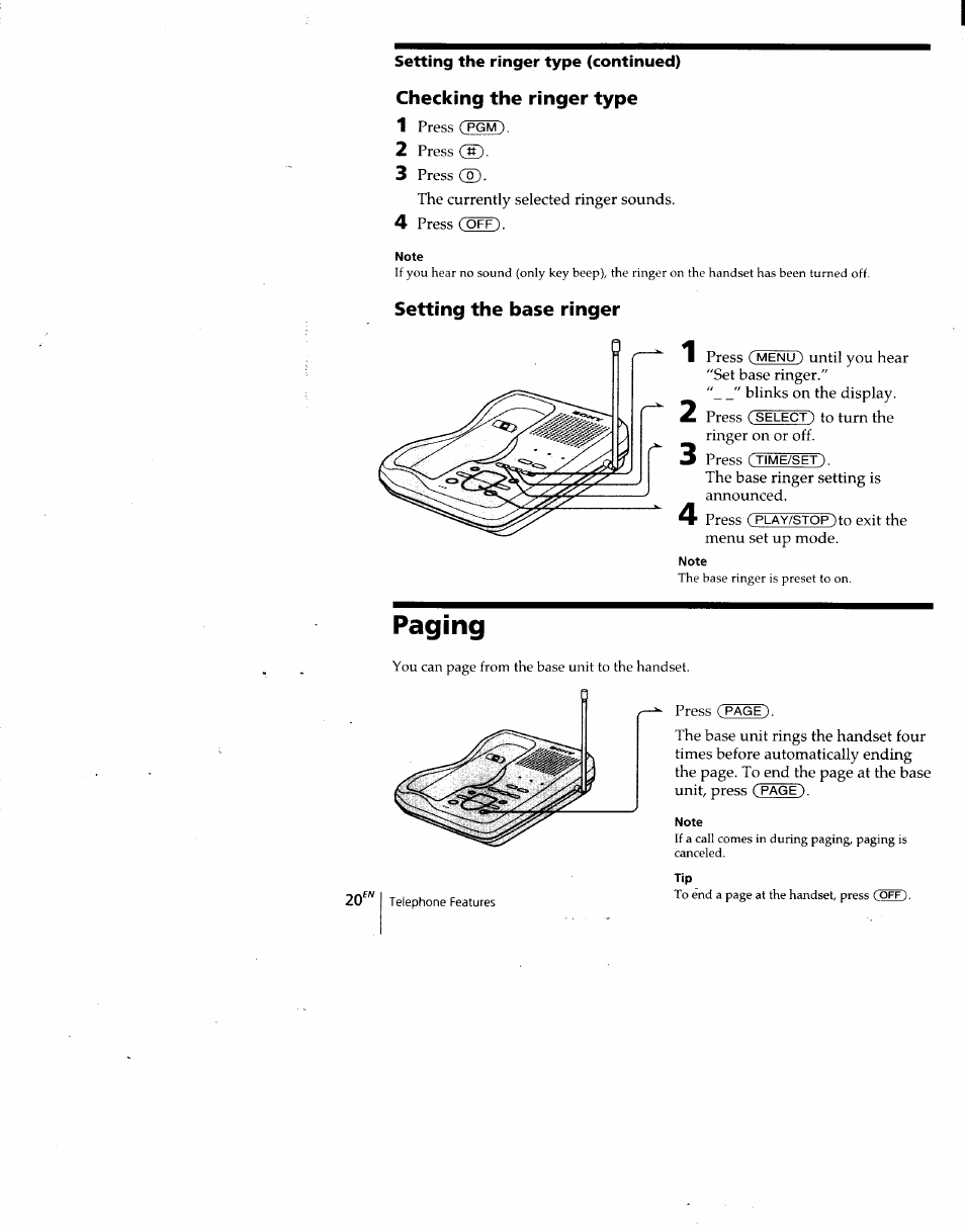 Checking the ringer type, Setting the base ringer, Paging | Sony SPP-A940 User Manual | Page 20 / 48