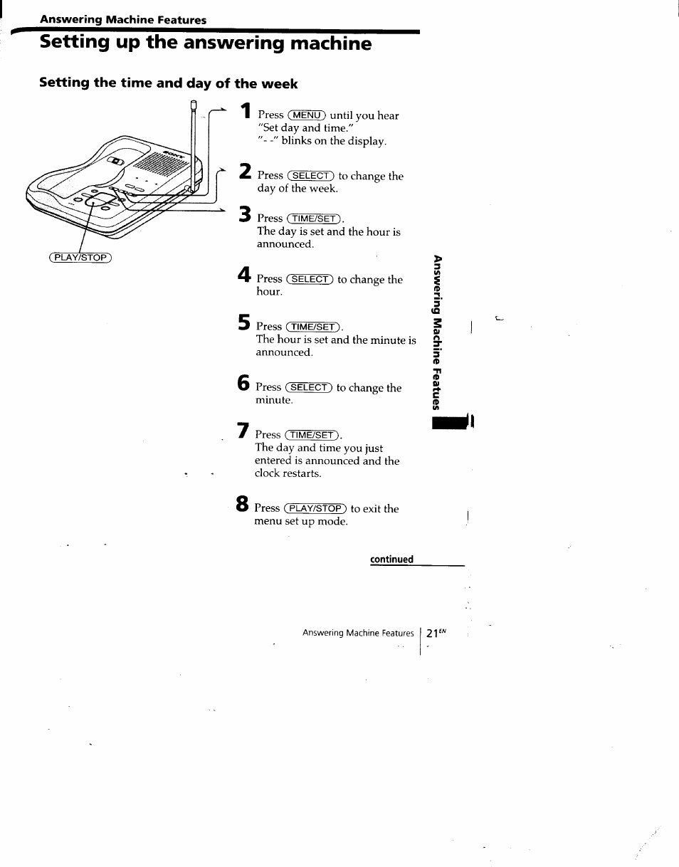 Setting up the answering machine, Setting the time and day of the week, Continued | Sony SPP-A940 User Manual | Page 21 / 48