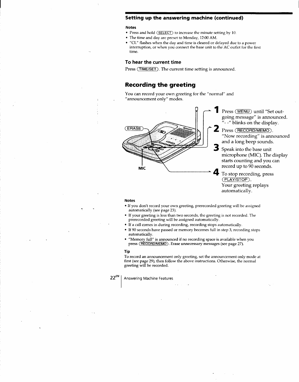 Notes, To hear the current time, Recording the greeting | Setting up the answering machine (continued) | Sony SPP-A940 User Manual | Page 22 / 48