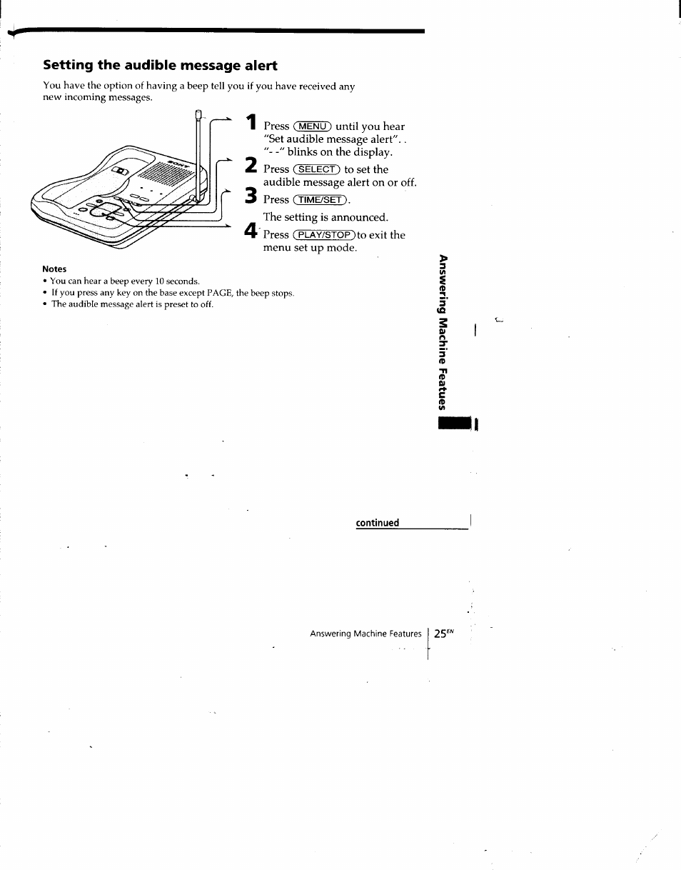 Setting the audible message alert, Continued | Sony SPP-A940 User Manual | Page 25 / 48