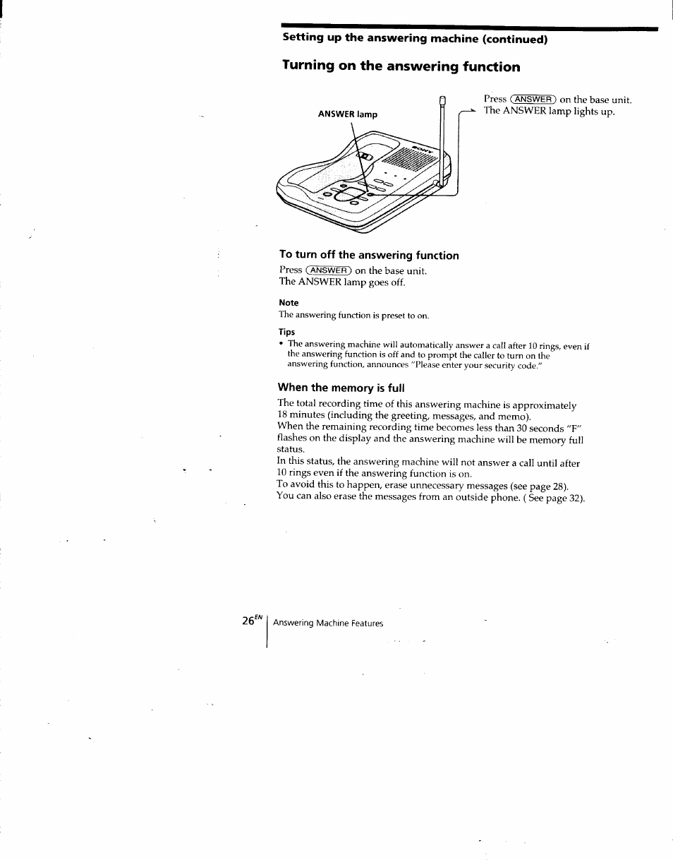 Turning on the answering function, To turn off the answering function, Note | Tips, When the memory is full | Sony SPP-A940 User Manual | Page 26 / 48