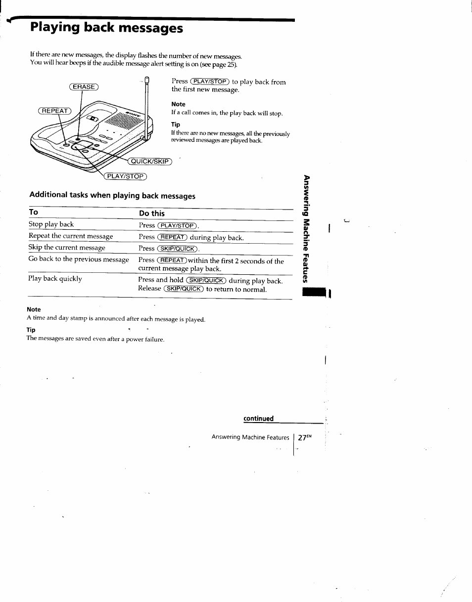 Playing back messages, Note, Continued | Sony SPP-A940 User Manual | Page 27 / 48