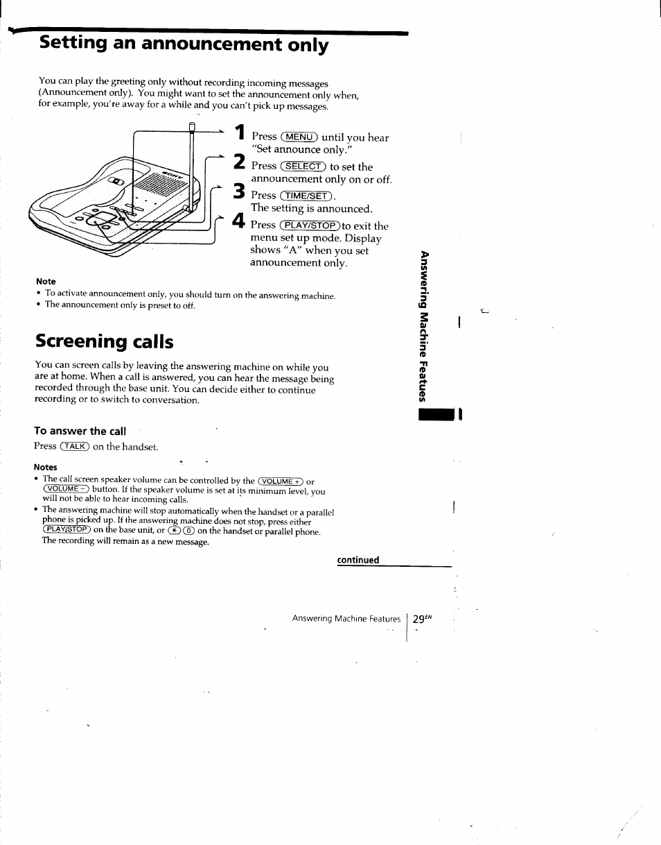 Setting an announcement only, Screening calls, To answer the call | Notes, Continued | Sony SPP-A940 User Manual | Page 29 / 48