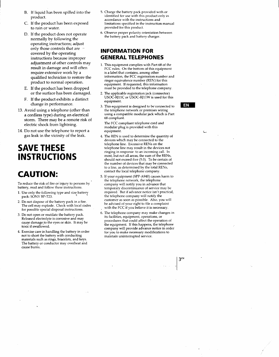 Save these instructions, Information for general telephones, Caution | Sony SPP-A940 User Manual | Page 3 / 48