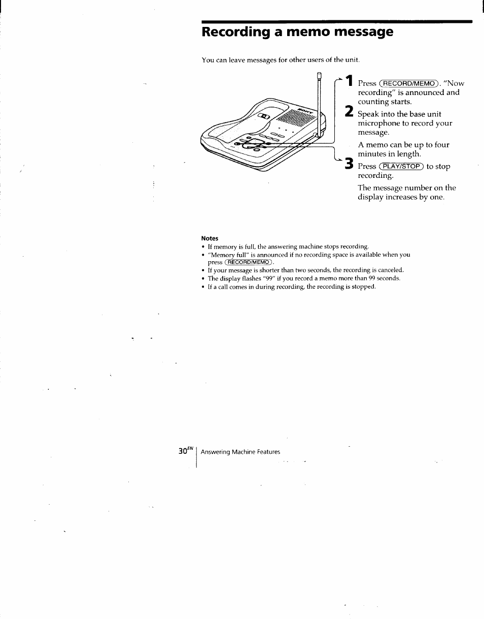 Recording a memo message, Notes | Sony SPP-A940 User Manual | Page 30 / 48