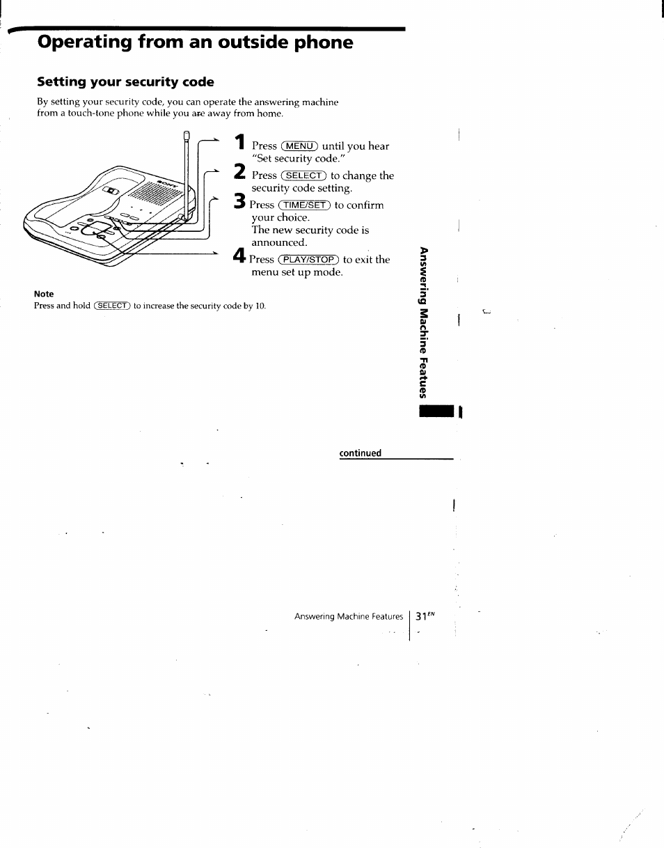 Operating from an outside phone, Setting your security code, Continued | Sony SPP-A940 User Manual | Page 31 / 48