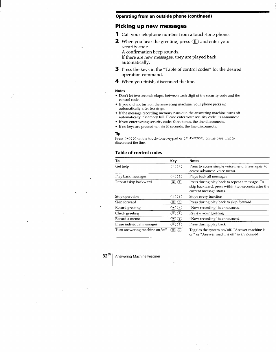 Operating from an outside phone (continued), Picking up new messages, Notes | Table of control codes | Sony SPP-A940 User Manual | Page 32 / 48