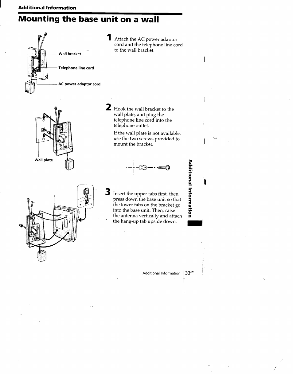 Additional information, Mounting the base unit on a wall | Sony SPP-A940 User Manual | Page 33 / 48