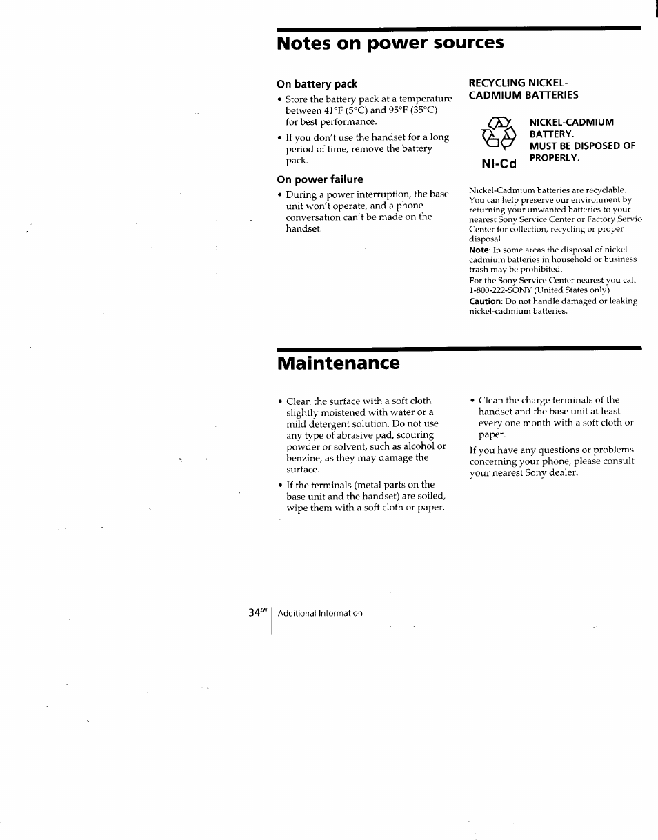 Notes on power sources, On battery pack, On power failure | Recycling nickel- cadmium batteries, Nickel-cadmium, Battery, Must be disposed of properly, Maintenance, Ni-cd | Sony SPP-A940 User Manual | Page 34 / 48