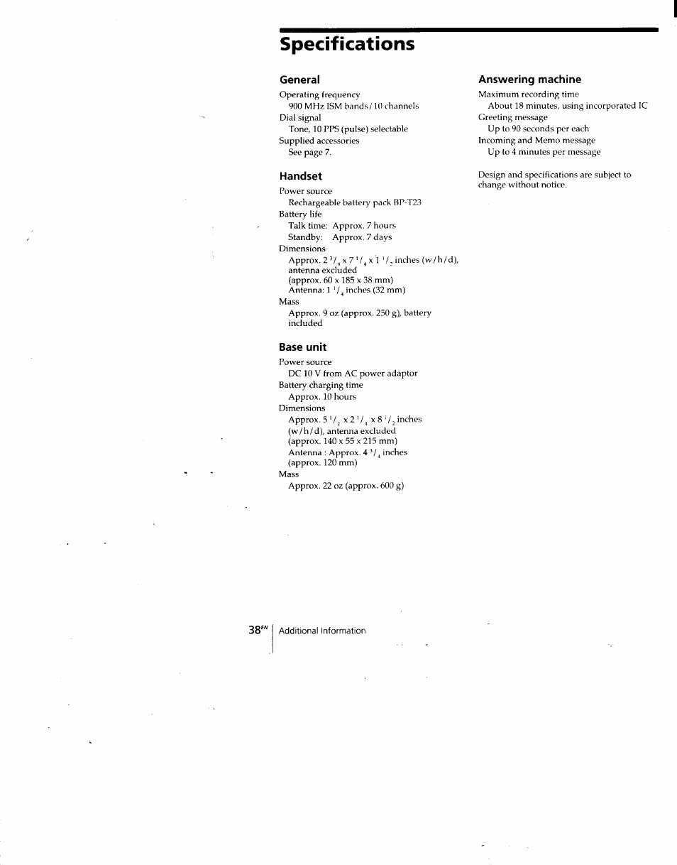 Specifications, General, Handset | Base unit, Answering machine | Sony SPP-A940 User Manual | Page 38 / 48