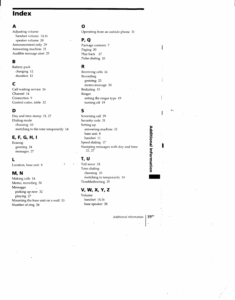 Index, P, q, E, f, g, h, i | M, n, T, u, V, w, x, y, z | Sony SPP-A940 User Manual | Page 39 / 48