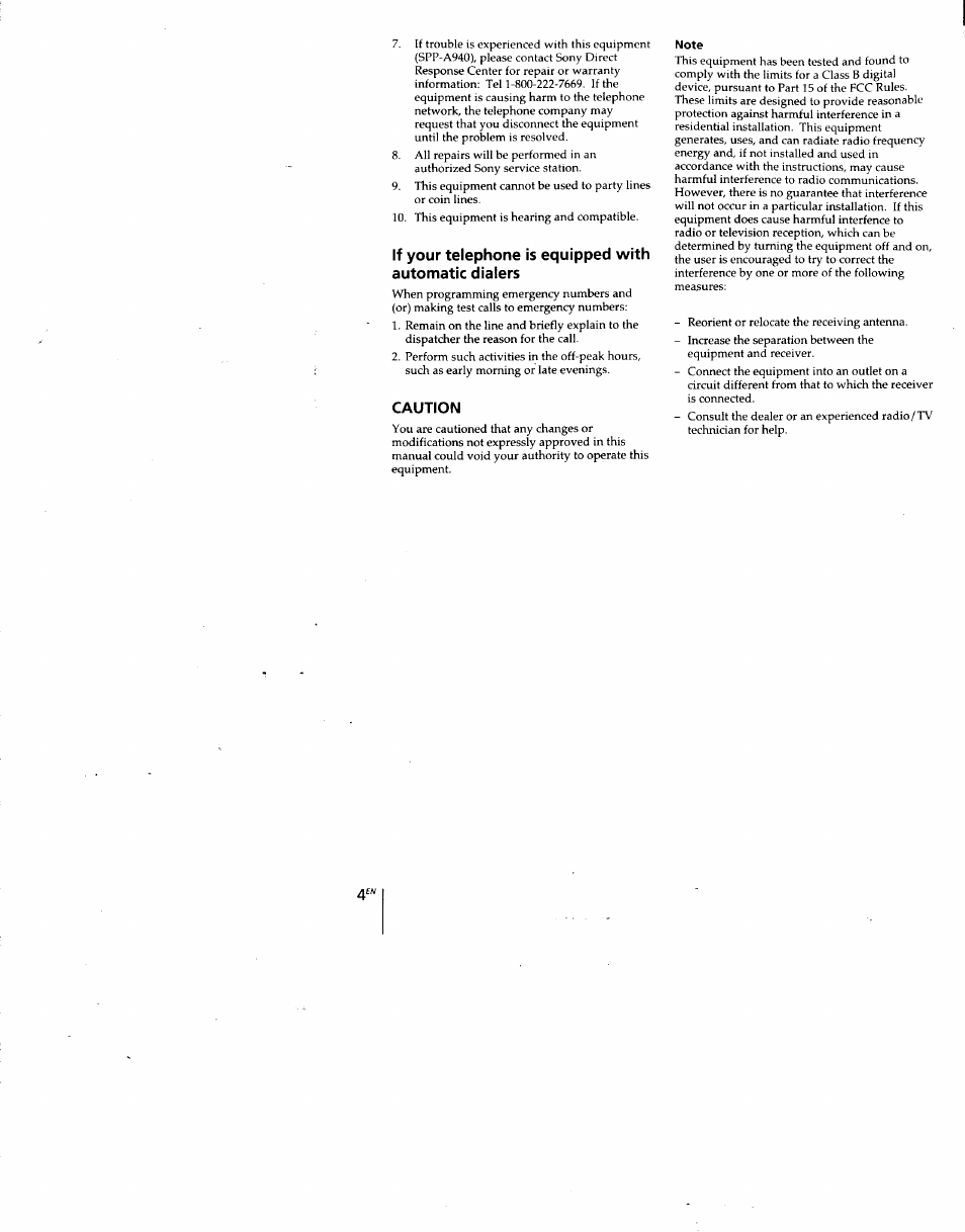 Caution, Note | Sony SPP-A940 User Manual | Page 4 / 48