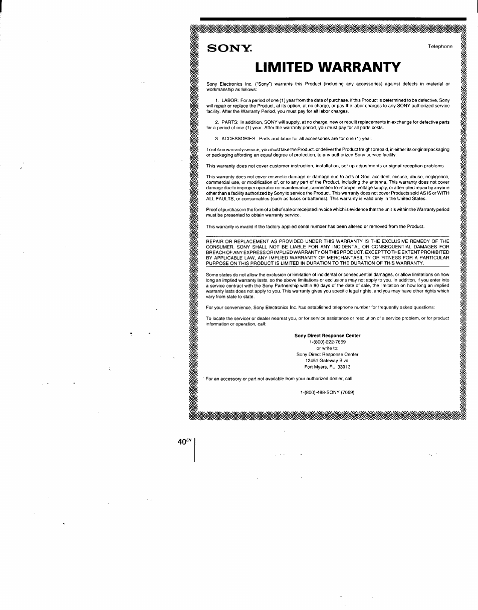 Limited warranty, Sony | Sony SPP-A940 User Manual | Page 40 / 48