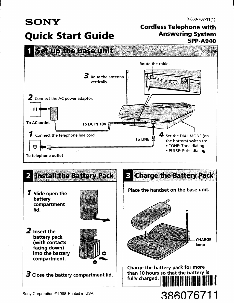 Ihstallthe battery.pack, Charge^he battery pack, Quick start guide | Sj^^the: ba^juiiit, Cordless telephone with answering system spp-a940 | Sony SPP-A940 User Manual | Page 41 / 48