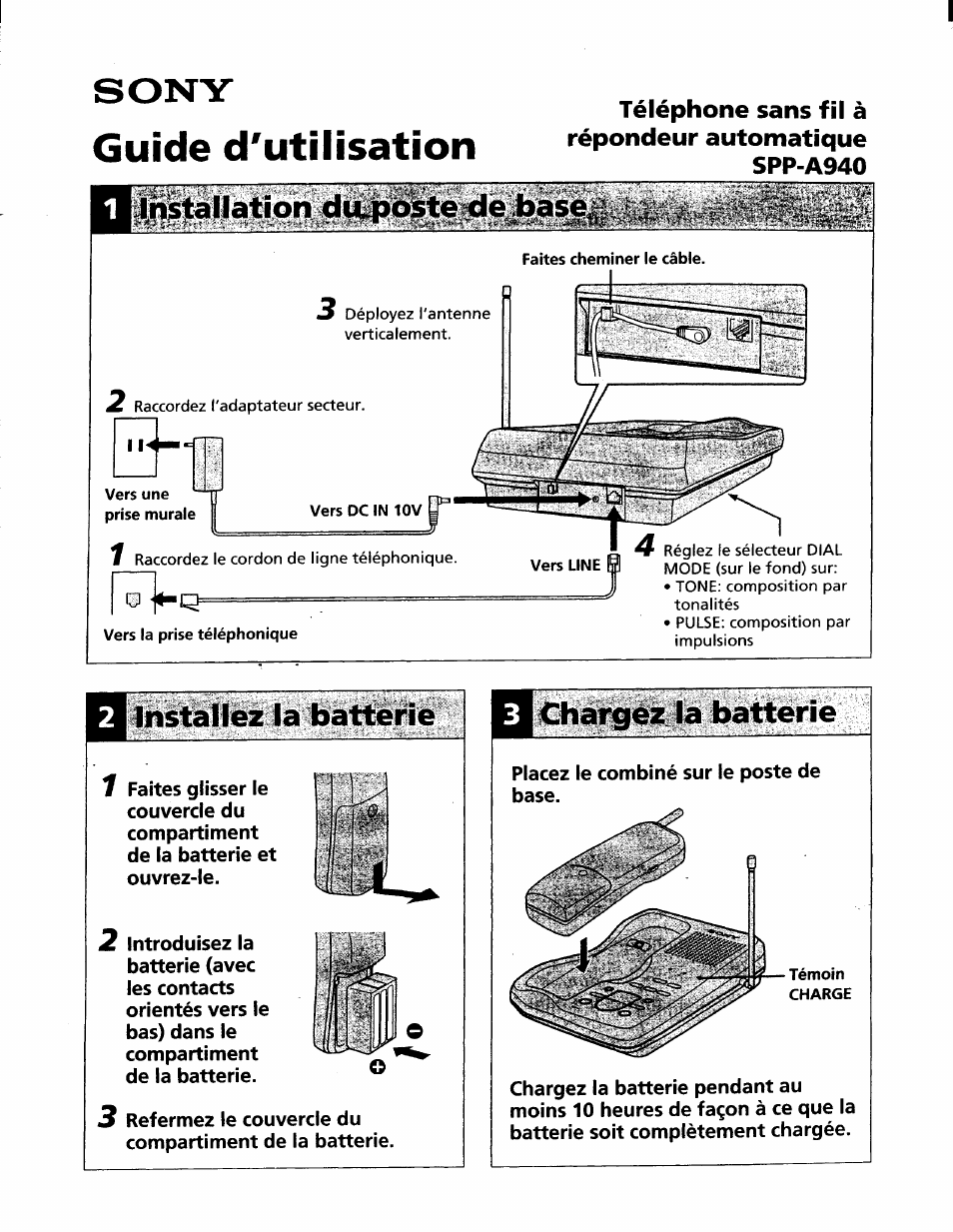 Instâllëz la battérïe, Chargéz: la batterie, Guide d'utilisation | Sony SPP-A940 User Manual | Page 45 / 48