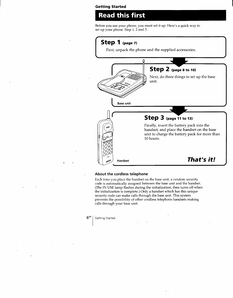 Read this first, About the cordless telephone, Step 1 | Step 2, Step 3, Thavs it | Sony SPP-A940 User Manual | Page 6 / 48