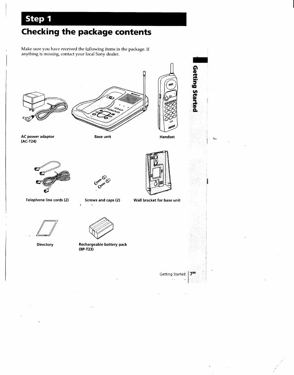 Checking the package contents, Step 1 | Sony SPP-A940 User Manual | Page 7 / 48