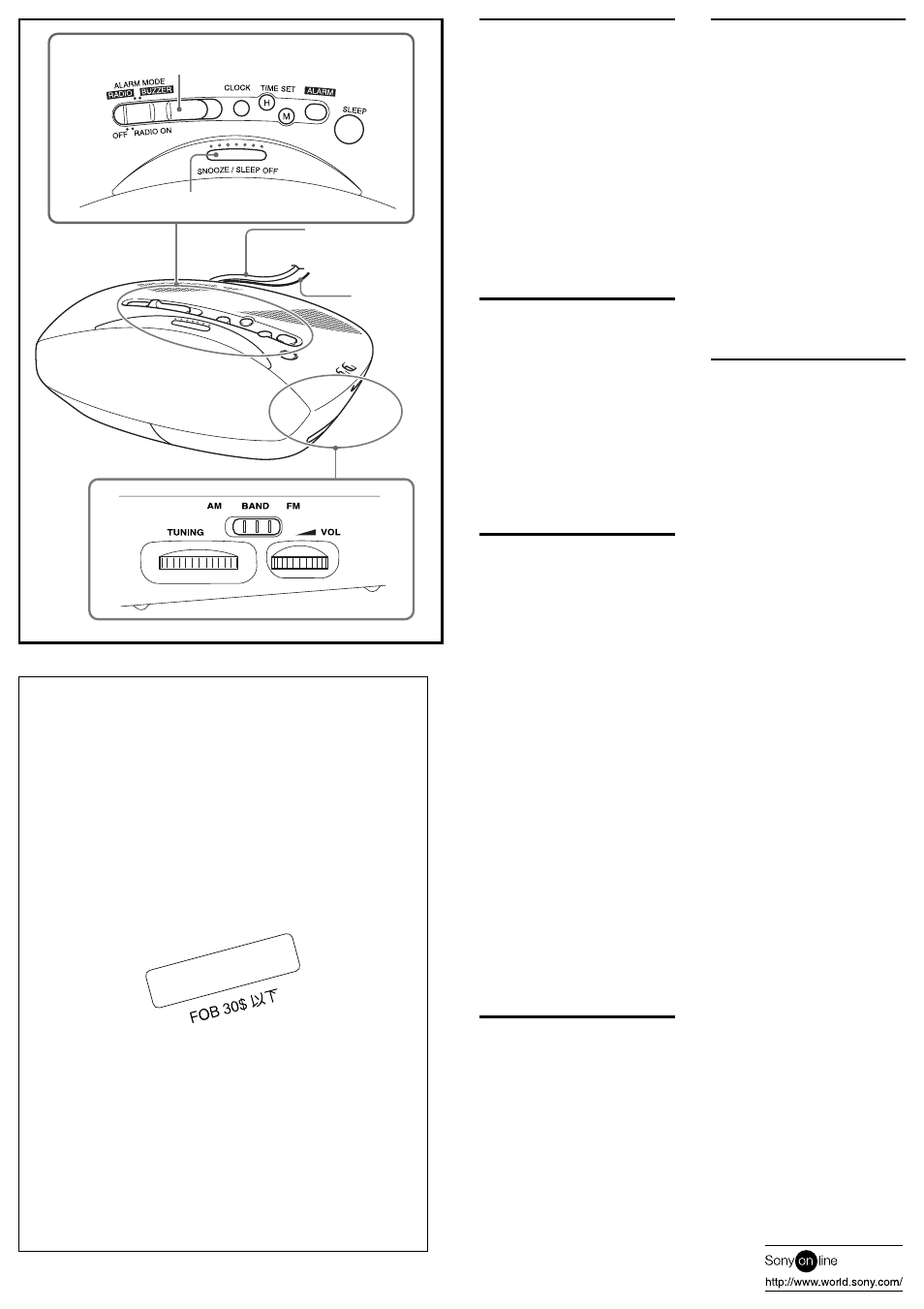 Setting the clock, Playing the radio, Setting the alarm | Setting the sleep timer, Precautions, Specifications | Sony ICF-C215 User Manual | Page 2 / 2