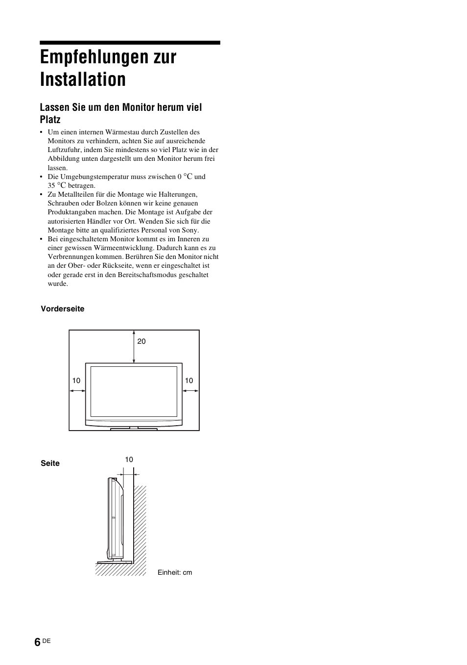 Empfehlungen zur installation | Sony KLH-40X1 User Manual | Page 104 / 227