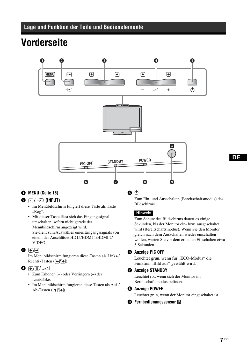 Lage und funktion der teile und bedienelemente, Vorderseite | Sony KLH-40X1 User Manual | Page 105 / 227