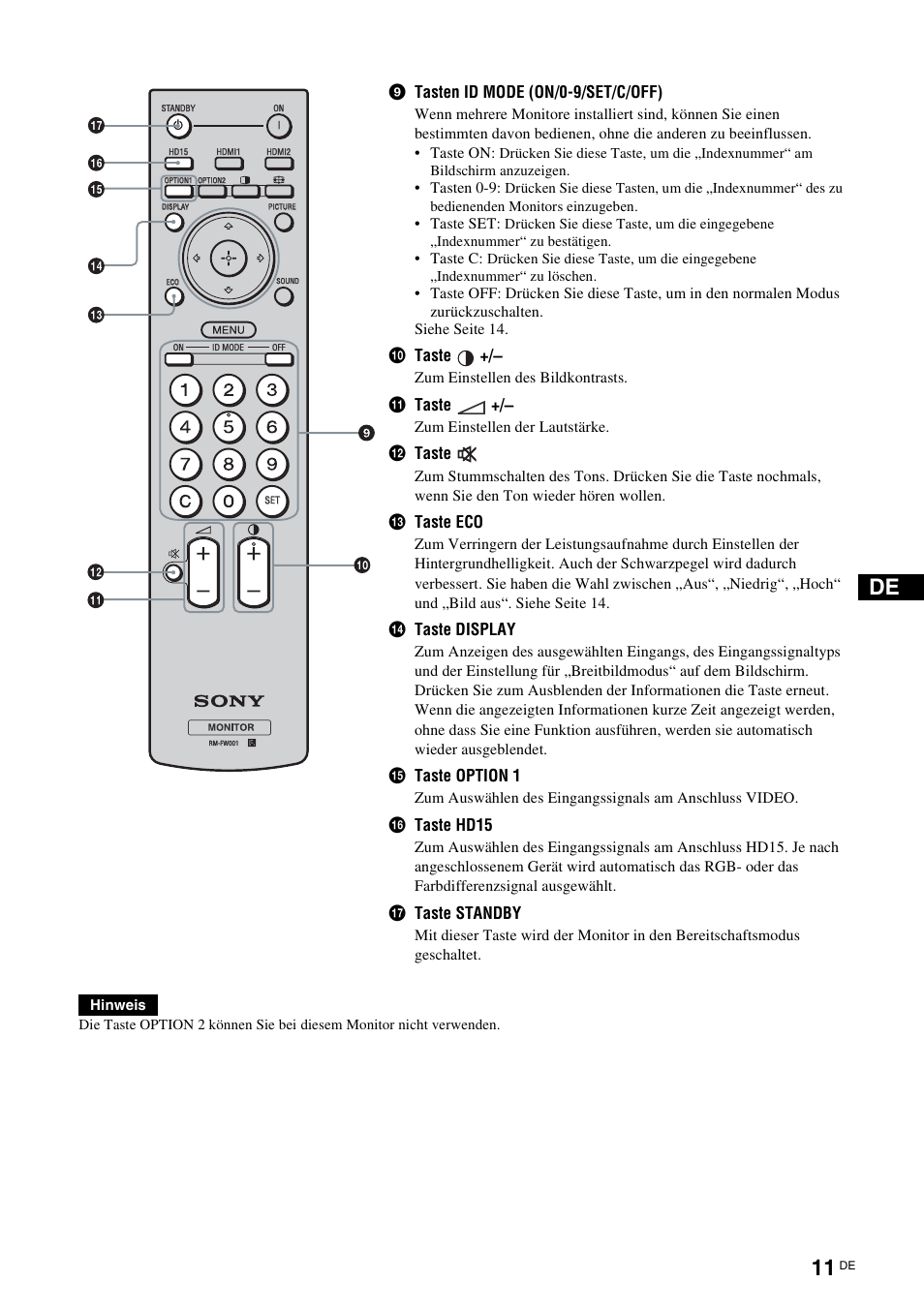 9tasten id mode (on/0-9/set/c/off), 0taste, Qa taste | Qs taste, Qd taste eco, Qf taste display, Qg taste option 1, Qh taste hd15, Qj taste standby | Sony KLH-40X1 User Manual | Page 109 / 227