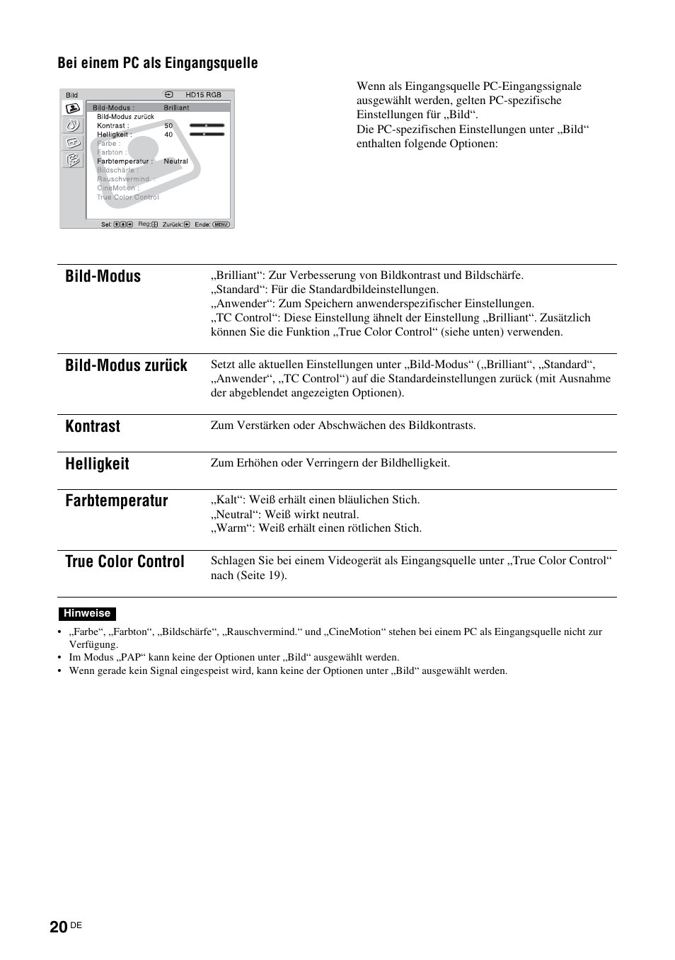 Bild-modus, Bild-modus zurück, Kontrast | Helligkeit, Farbtemperatur, True color control, Bei einem pc als eingangsquelle | Sony KLH-40X1 User Manual | Page 118 / 227