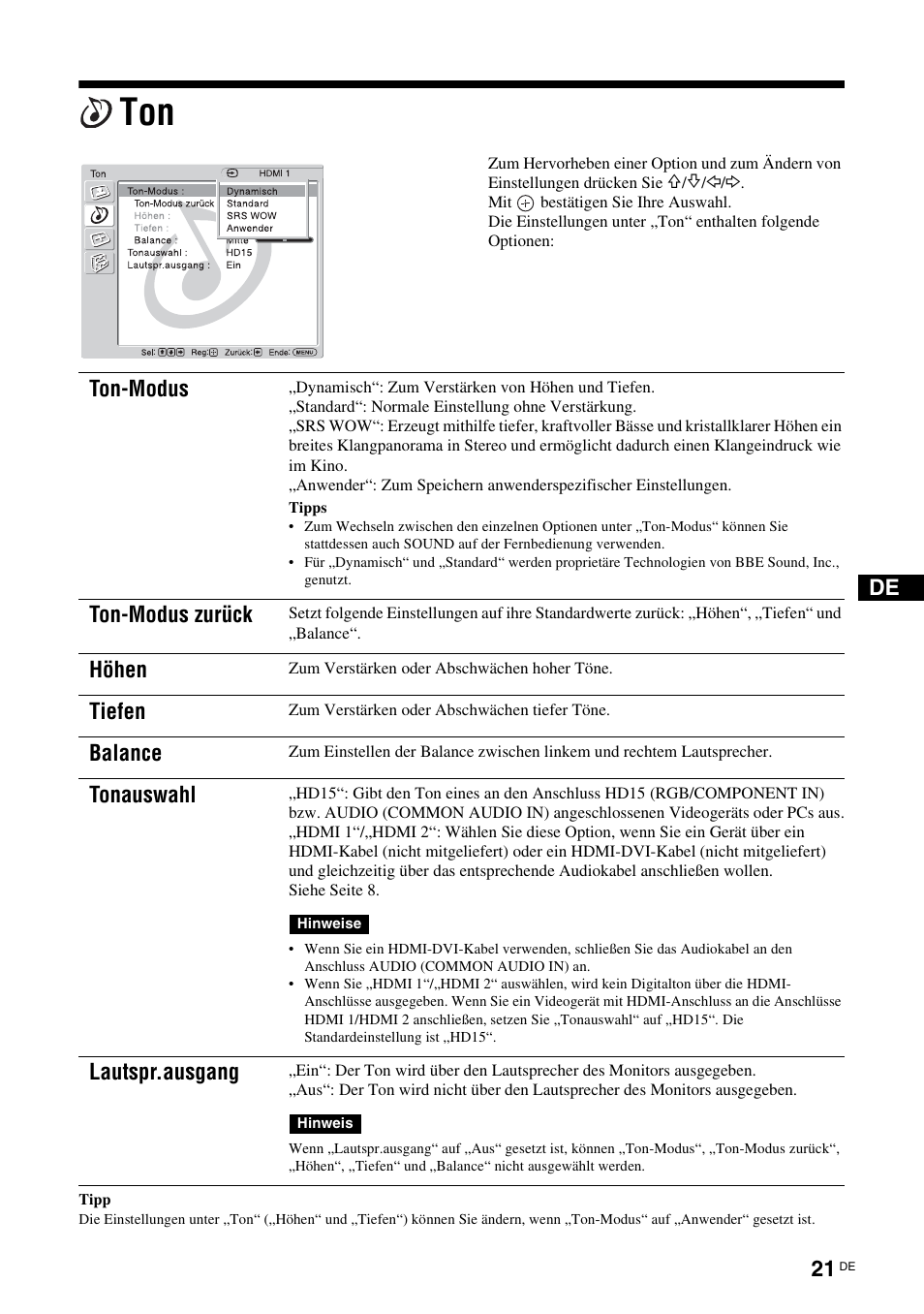 S (seite 21, Seite 21), N (seite 21 | E (seite 21, Ton-modus, Ton-modus zurück, Höhen, Tiefen, Balance, Tonauswahl | Sony KLH-40X1 User Manual | Page 119 / 227