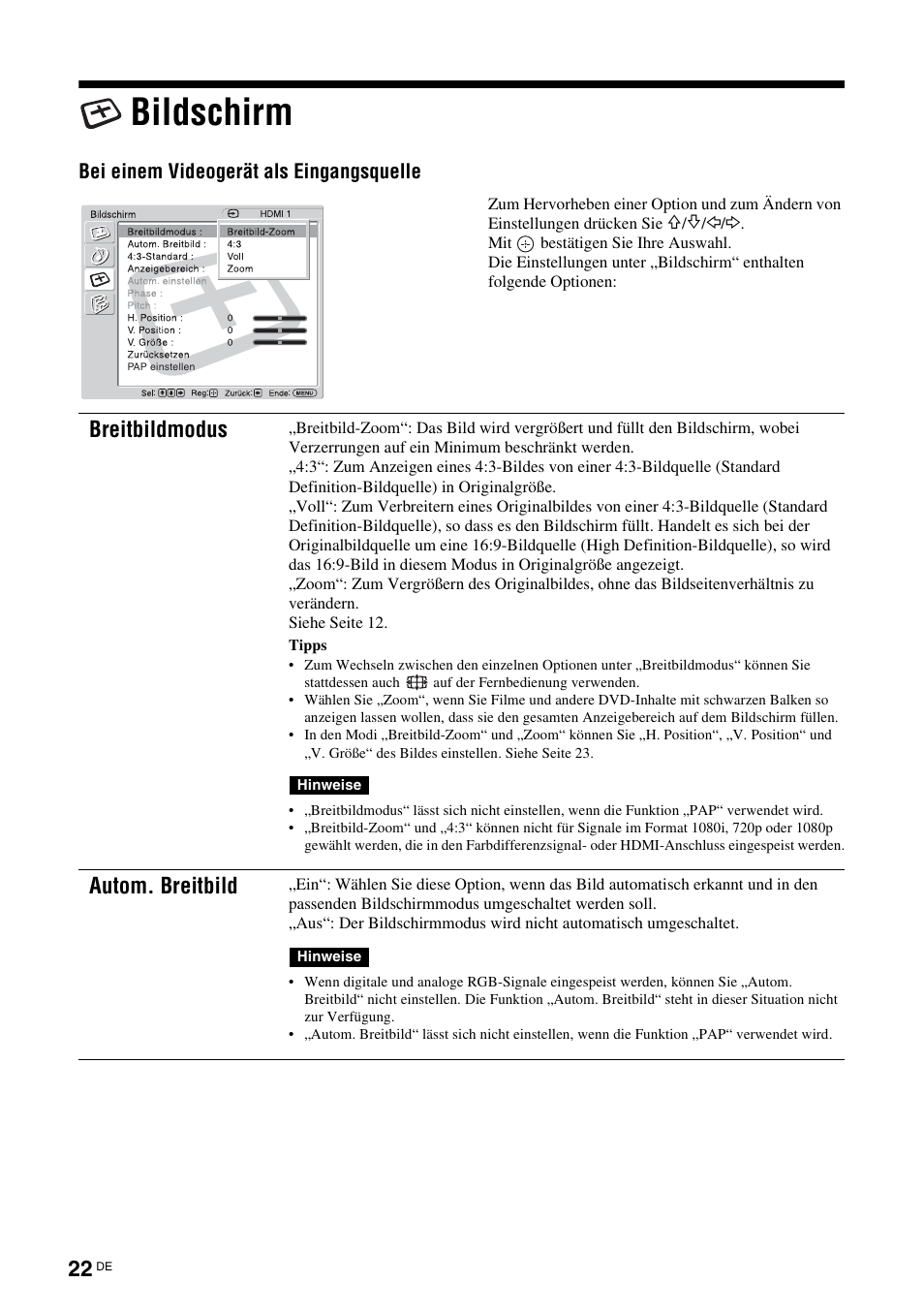 Bildschirm, Breitbildmodus, Autom. breitbild | Bei einem videogerät als eingangsquelle | Sony KLH-40X1 User Manual | Page 120 / 227