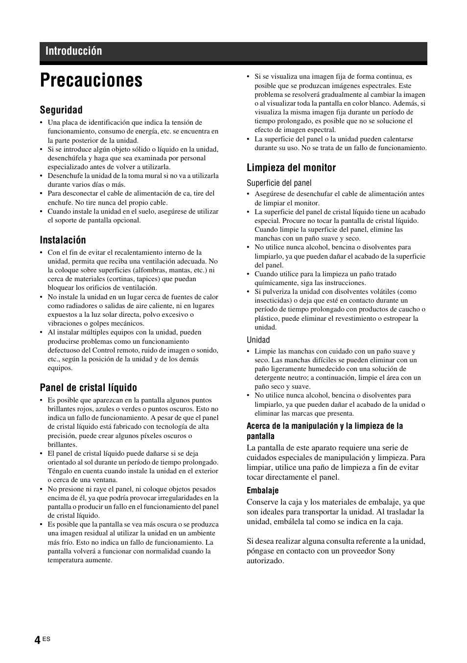 Introducción, Precauciones, Seguridad | Instalación, Panel de cristal líquido, Limpieza del monitor | Sony KLH-40X1 User Manual | Page 134 / 227