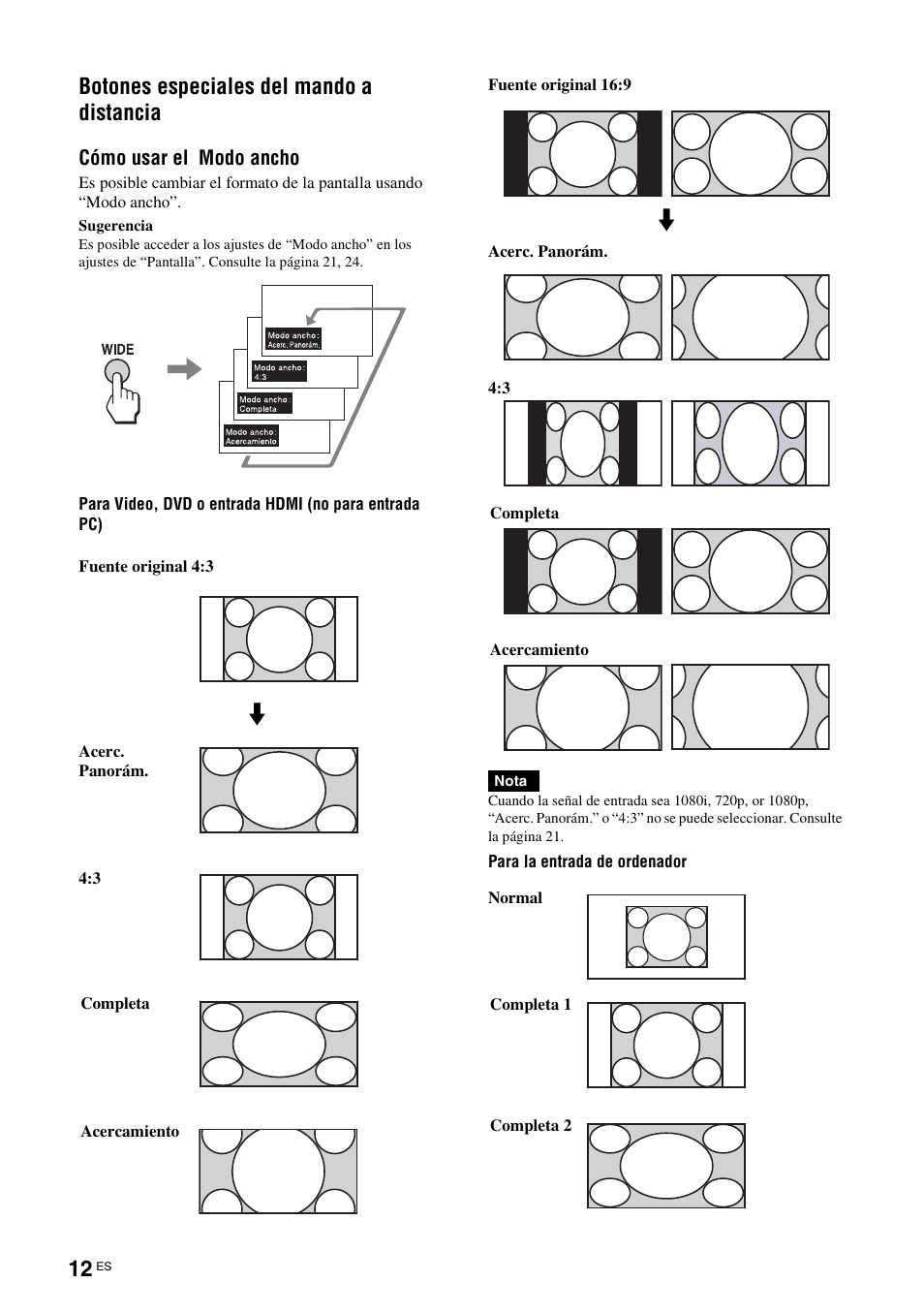 Botones especiales del mando a distancia, Cómo usar el modo ancho | Sony KLH-40X1 User Manual | Page 142 / 227