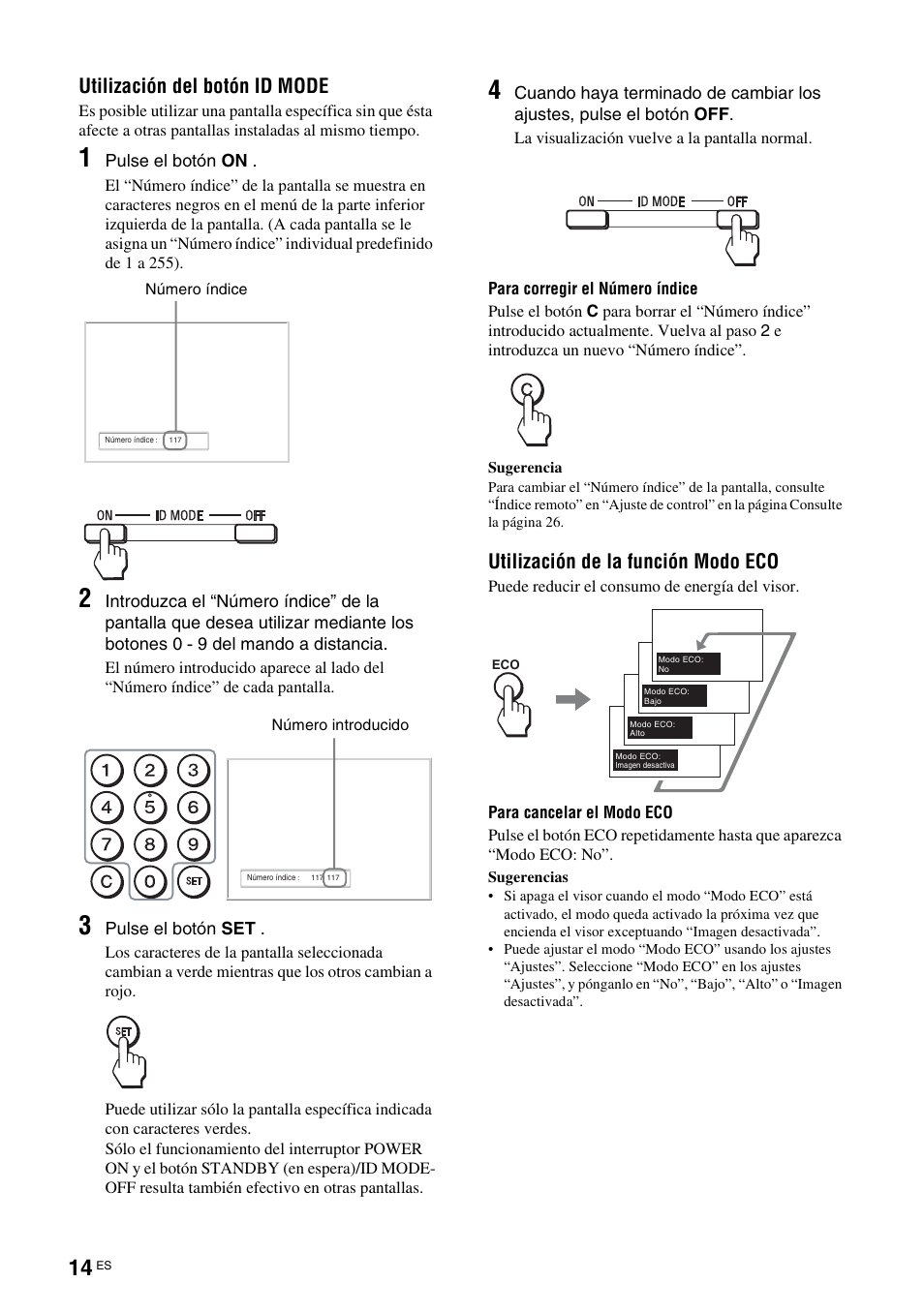Utilización del botón id mode, Utilización de la función modo eco | Sony KLH-40X1 User Manual | Page 144 / 227
