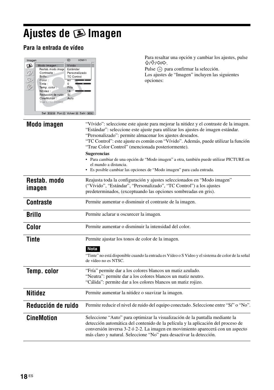 Ajustes de imagen, Modo imagen, Restab. modo imagen | Contraste, Brillo, Color, Tinte, Temp. color, Nitidez, Reducción de ruido | Sony KLH-40X1 User Manual | Page 148 / 227