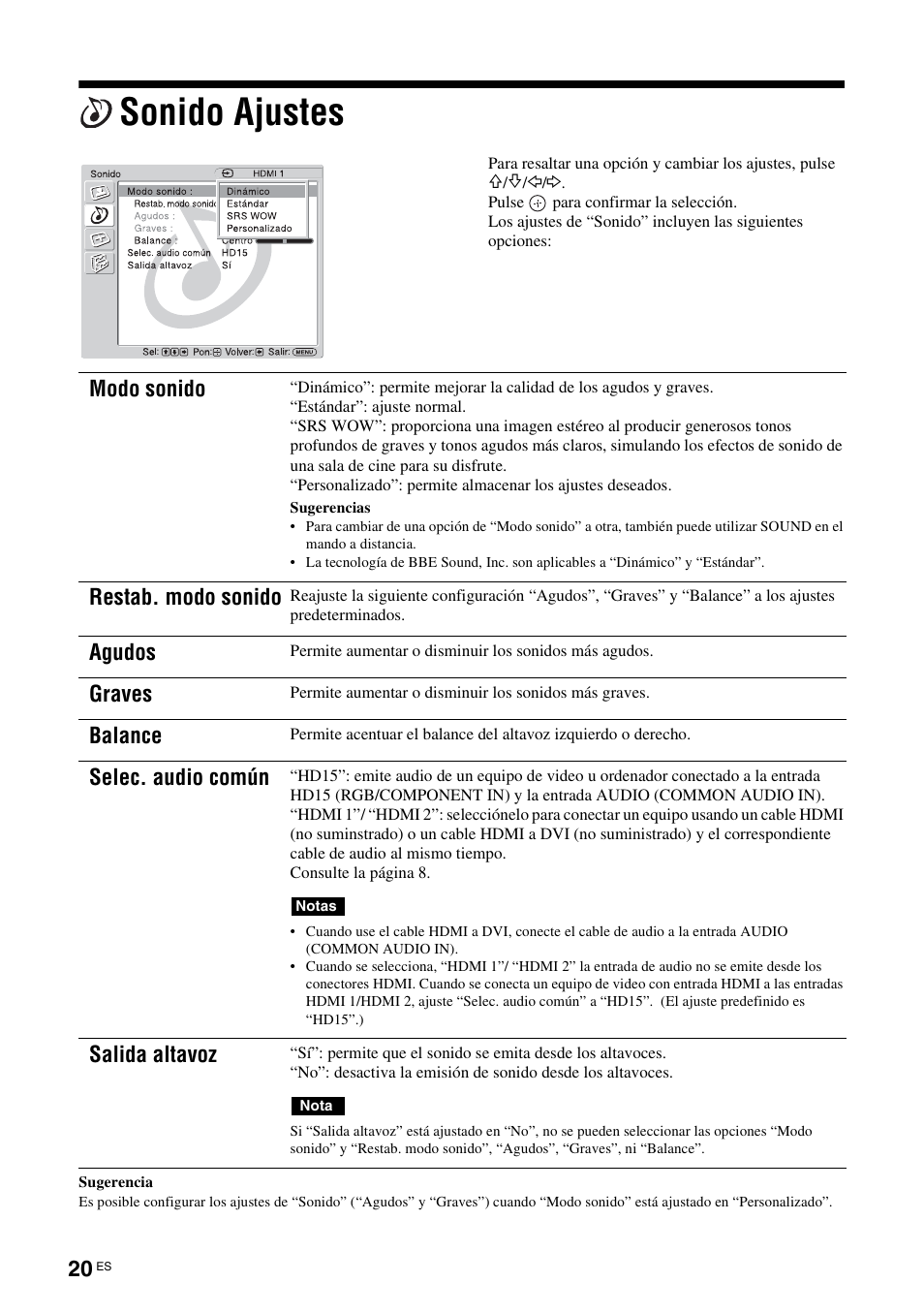 Sonido ajustes, Modo sonido, Restab. modo sonido | Agudos, Graves, Balance, Selec. audio común, Salida altavoz | Sony KLH-40X1 User Manual | Page 150 / 227