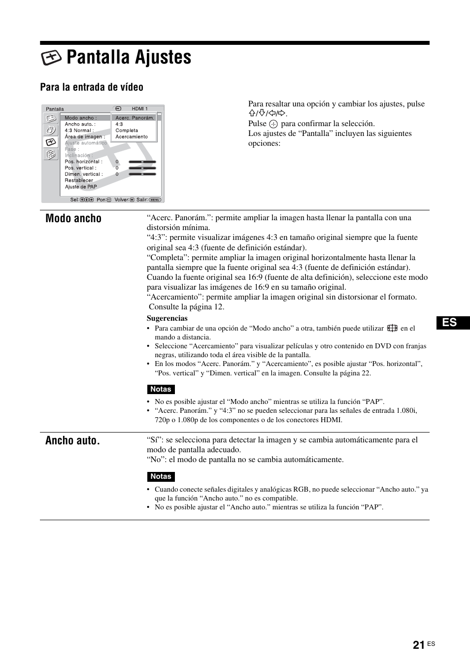 Pantalla ajustes, Modo ancho, Ancho auto | Sony KLH-40X1 User Manual | Page 151 / 227