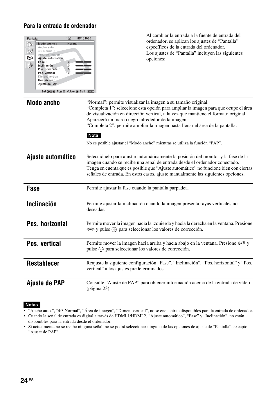 Modo ancho, Ajuste automático, Fase | Inclinación, Pos. horizontal, Pos. vertical, Restablecer, Ajuste de pap, Para la entrada de ordenador | Sony KLH-40X1 User Manual | Page 154 / 227