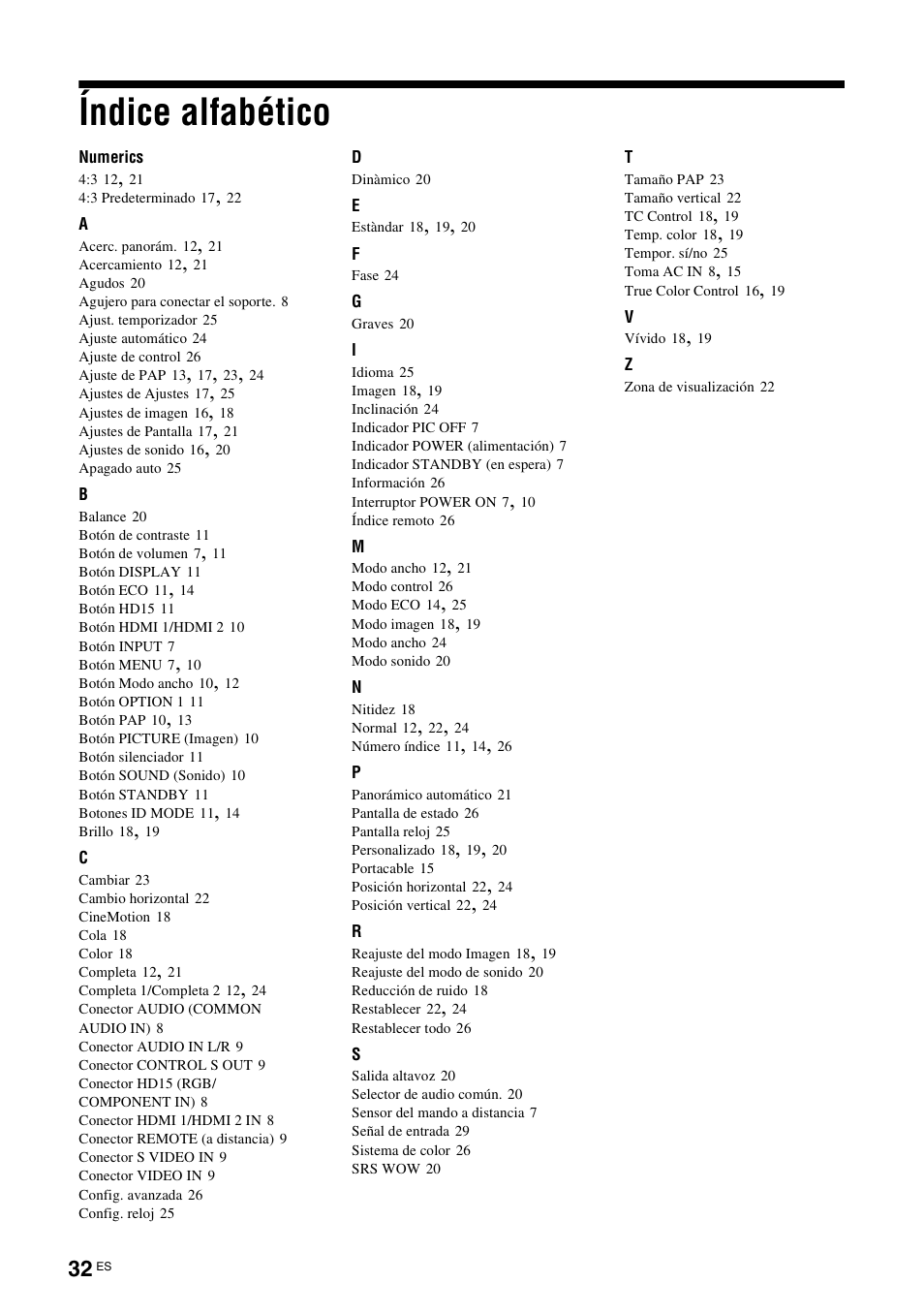 Índice alfabético | Sony KLH-40X1 User Manual | Page 162 / 227