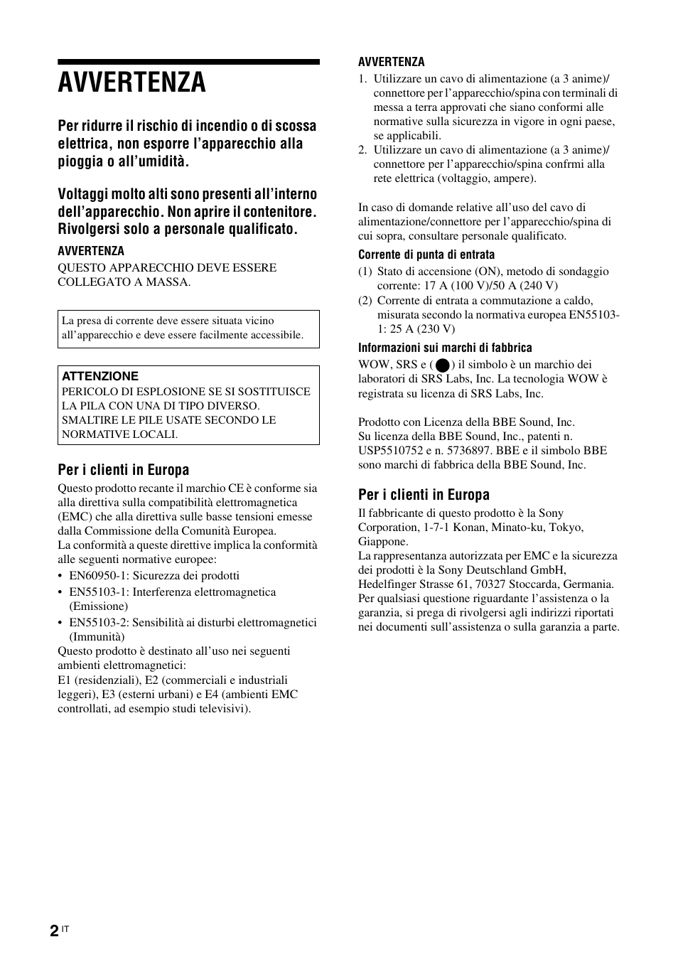 Avvertenza | Sony KLH-40X1 User Manual | Page 164 / 227