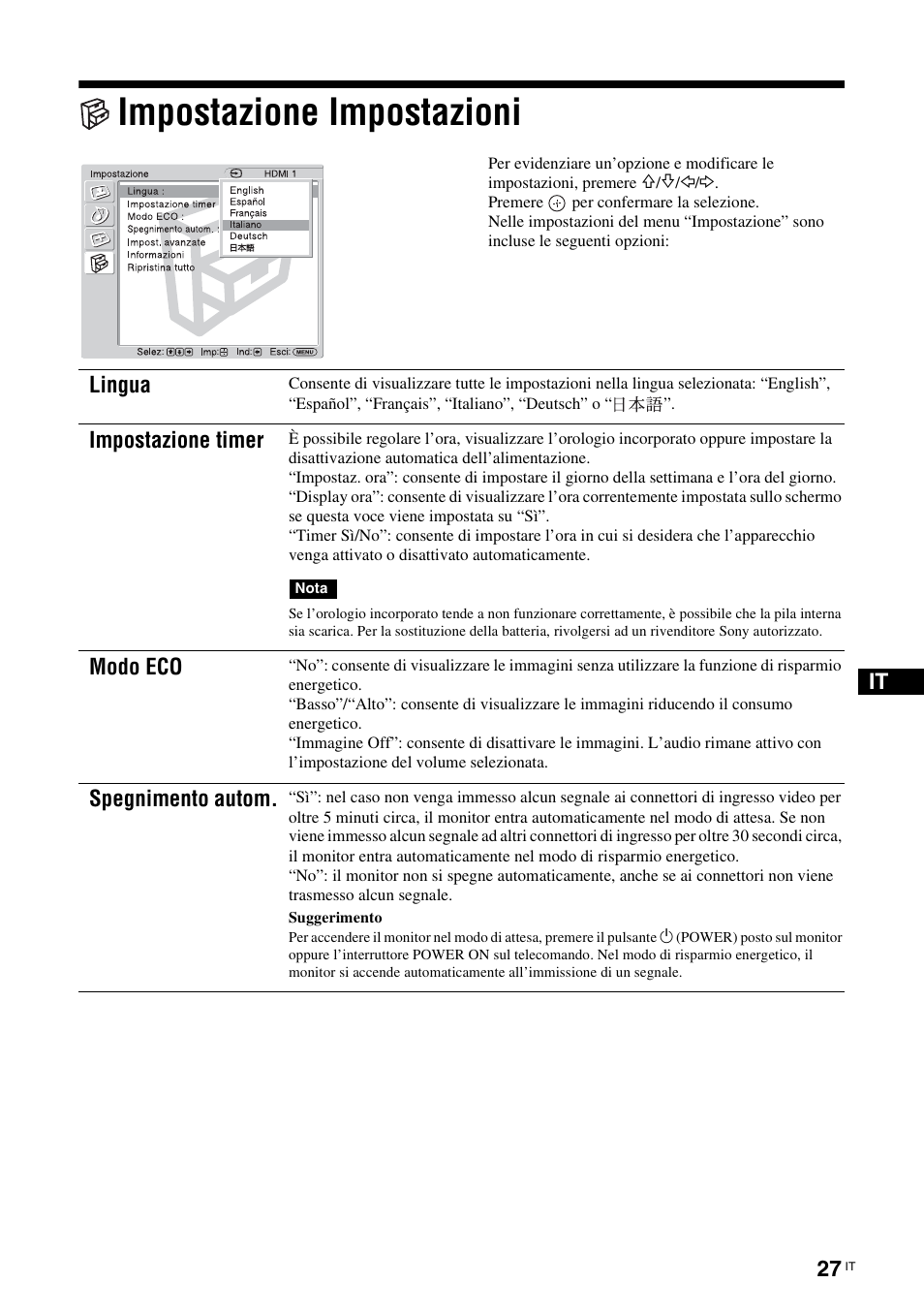 Impostazione impostazioni, Lingua, Impostazione timer | Modo eco, Spegnimento autom | Sony KLH-40X1 User Manual | Page 189 / 227