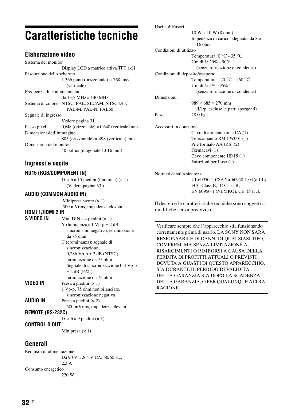 Caratteristiche tecniche, Elaborazione video, Ingressi e uscite | Generali | Sony KLH-40X1 User Manual | Page 194 / 227