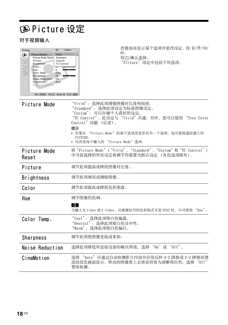 Picture设定, Picture 设定, Picture mode | Picture mode reset, Picture, Brightness, Color, Color temp, Sharpness, Noise reduction | Sony KLH-40X1 User Manual | Page 214 / 227