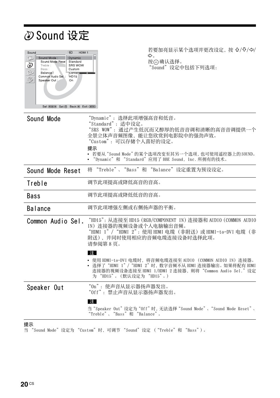 Sound设定, Sound 设定, 第 20 页 | Sound mode, Sound mode reset, Treble, Bass, Balance, Common audio sel, Speaker out | Sony KLH-40X1 User Manual | Page 216 / 227