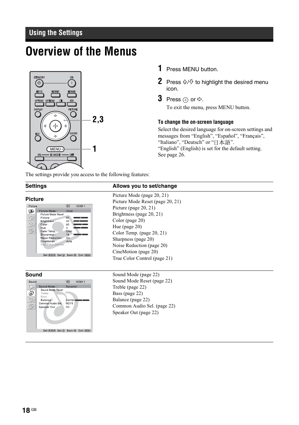 Using the settings, Overview of the menus | Sony KLH-40X1 User Manual | Page 52 / 227