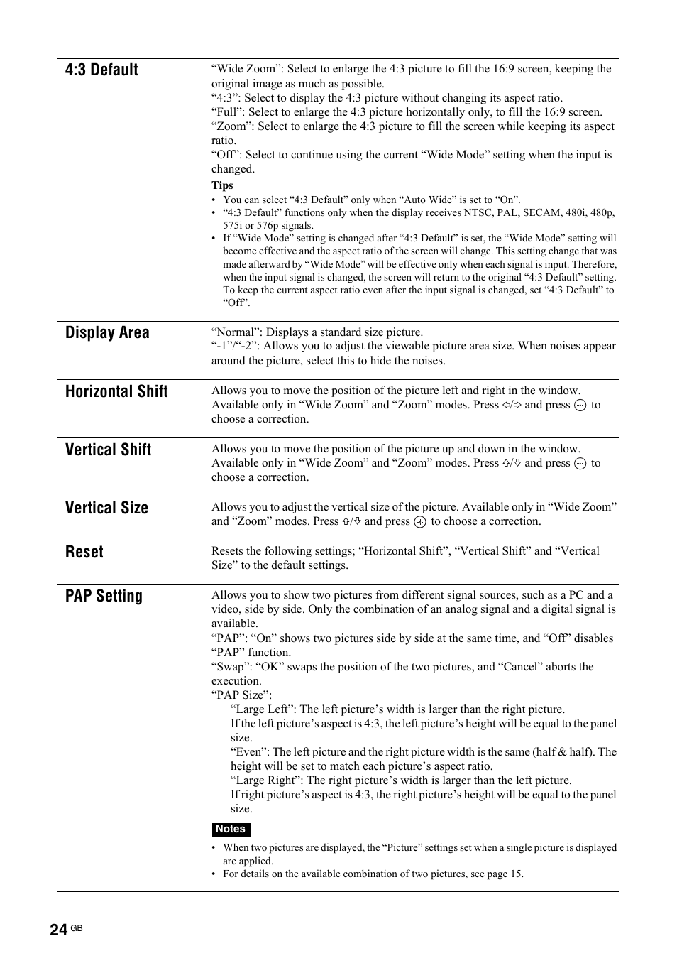 3 default, Display area, Horizontal shift | Vertical shift, Vertical size, Reset, Pap setting | Sony KLH-40X1 User Manual | Page 58 / 227