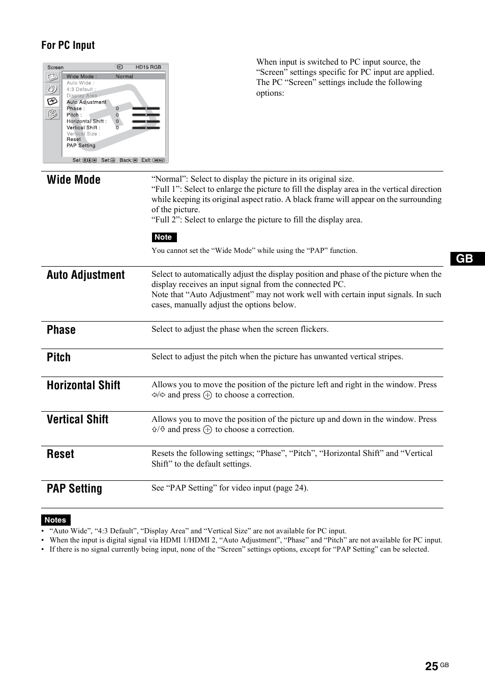 Wide mode, Auto adjustment, Phase | Pitch, Horizontal shift, Vertical shift, Reset, Pap setting | Sony KLH-40X1 User Manual | Page 59 / 227