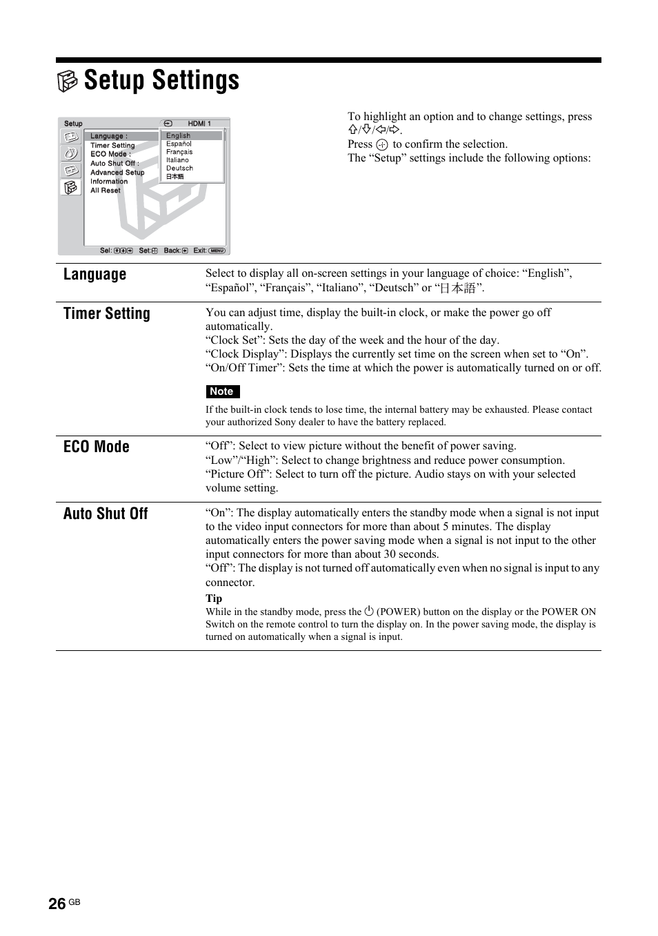 Setup settings, Etup settings, Language | Timer setting, Eco mode, Auto shut off | Sony KLH-40X1 User Manual | Page 60 / 227